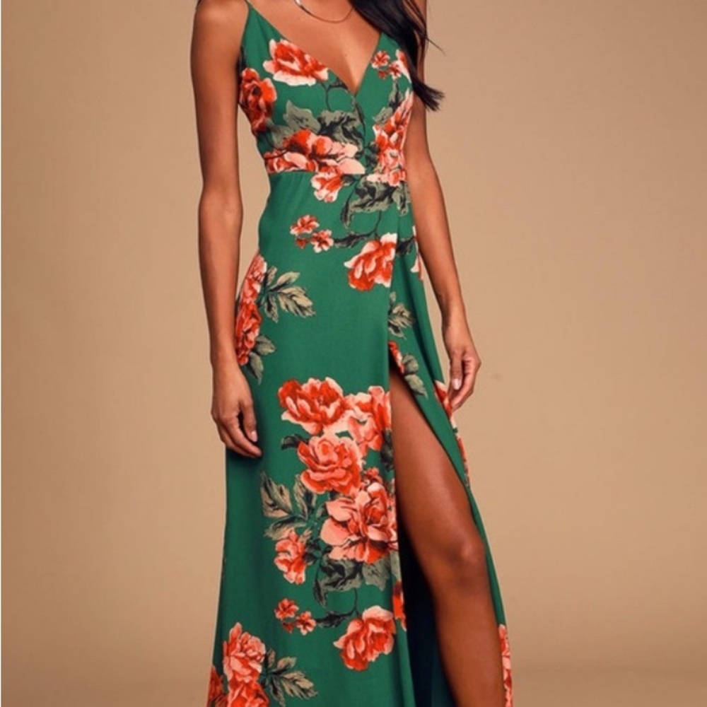 Floral Flirtation Dark Green Floral Print Wrap Maxi Dress